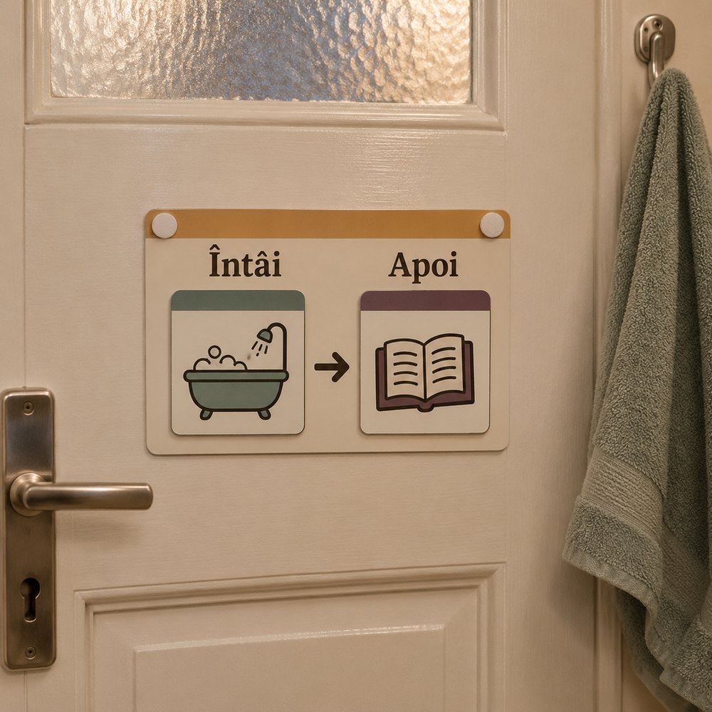 Tabloul Întâi–Apoi pe ușa băii