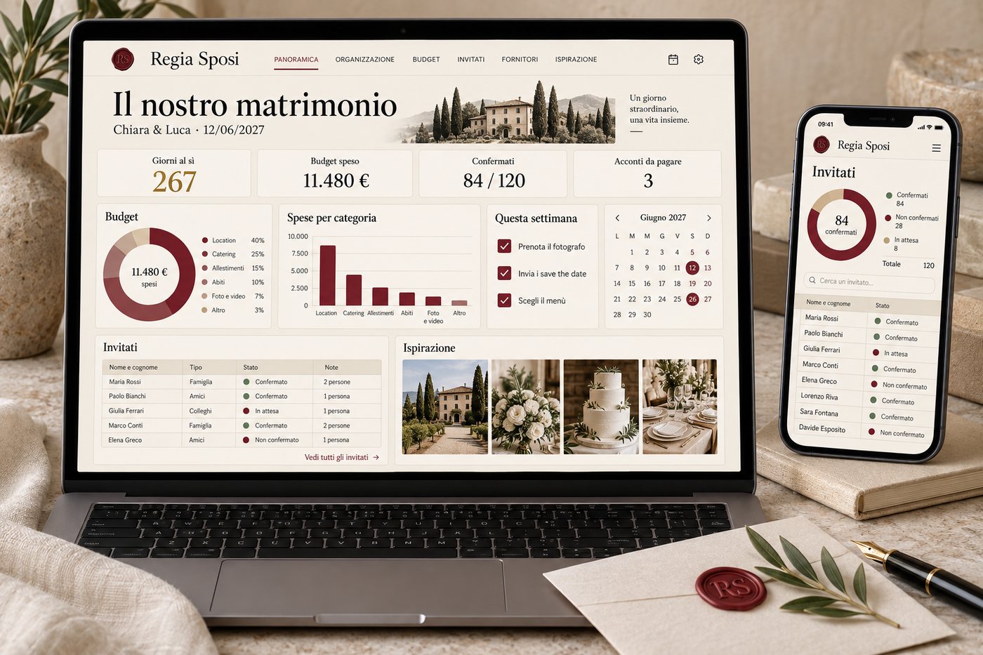 Il sistema Regia Sposi su computer e telefono: budget, invitati, checklist e calendario in un’unica dashboard